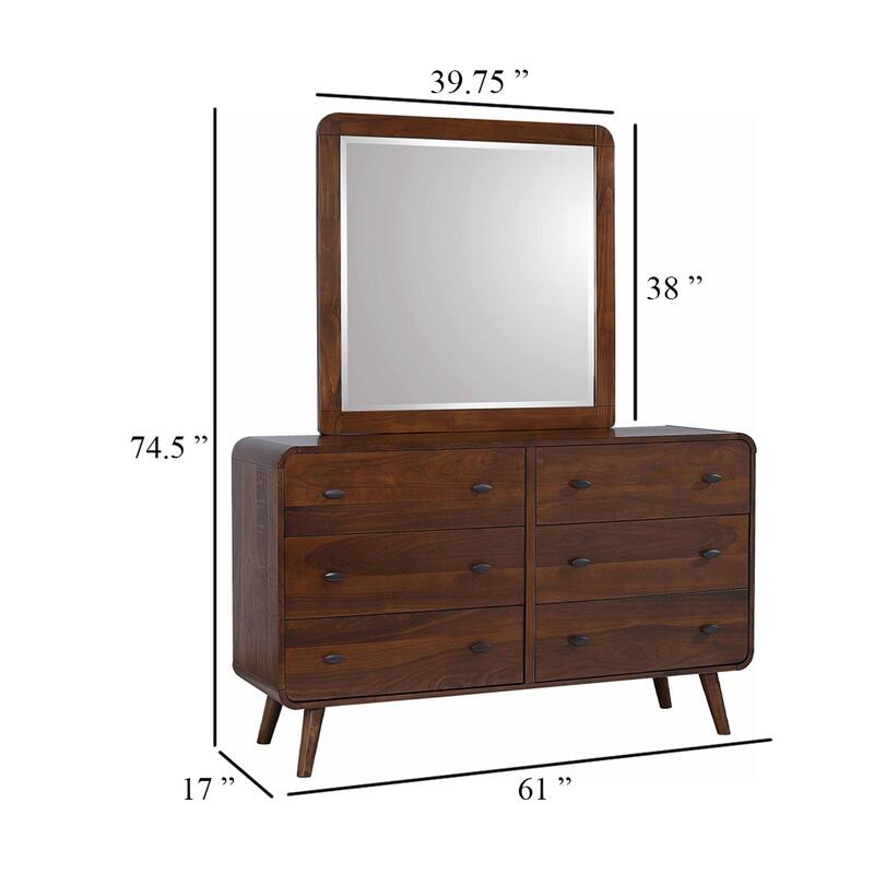 Ryb Wide Dresser with Mirror, 6 Drawers, Dark Walnut Brown Wood Frame