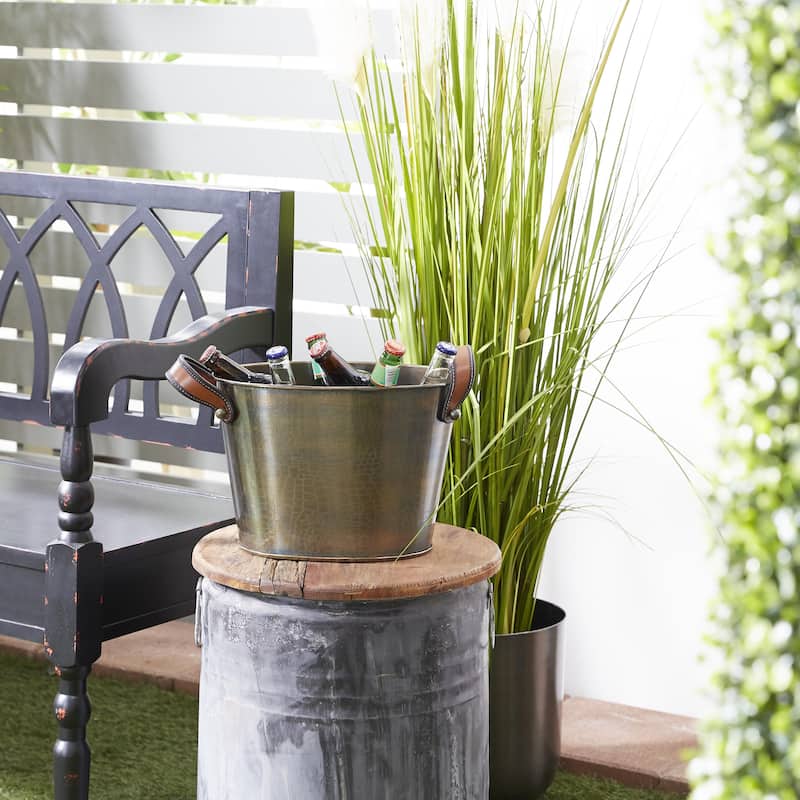 Stainless Steel Metal Ice Bucket with Leather Strap Handles - Bronze - Roche River Decor