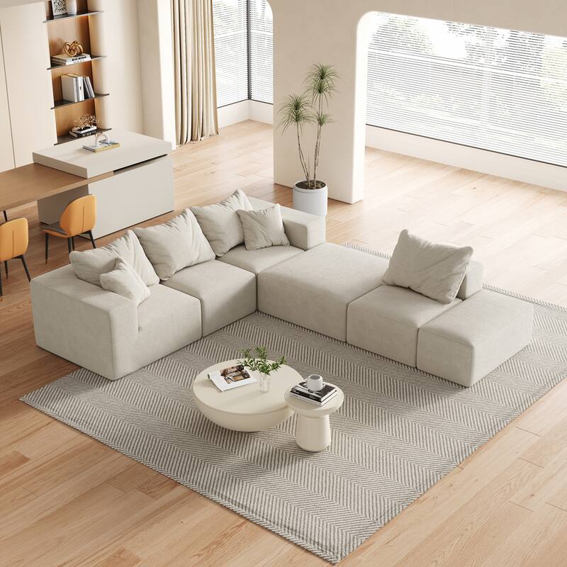 Upholstered Sectional Boneless Couch Set,Modular 132" L Shaped Sectional With 6 Pillows,Free Combination Sofa Couch