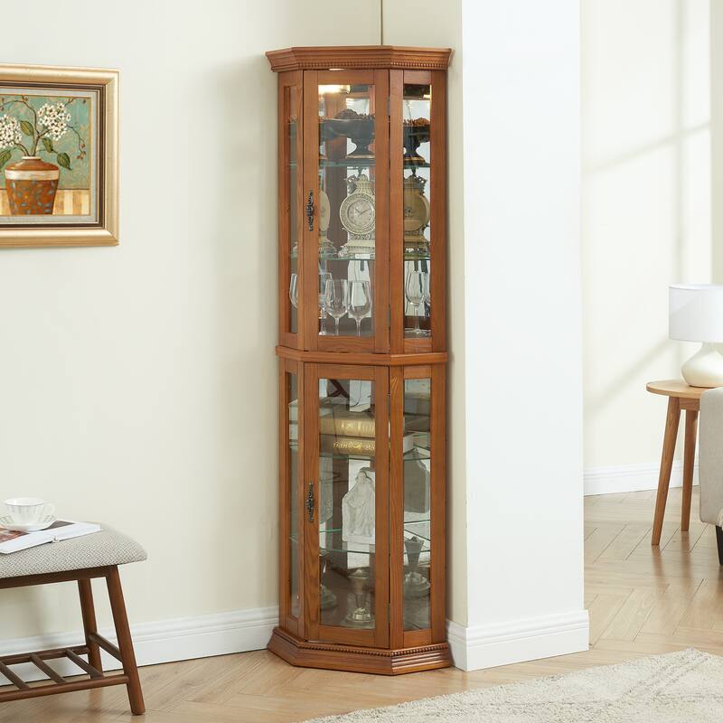 GDFStudio - Traditional Storage Corner Curio Cabinet with Lighted Glass Shelves