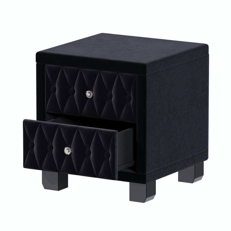 Velvet Nightstand with 2 Drawers and Crystal Handles