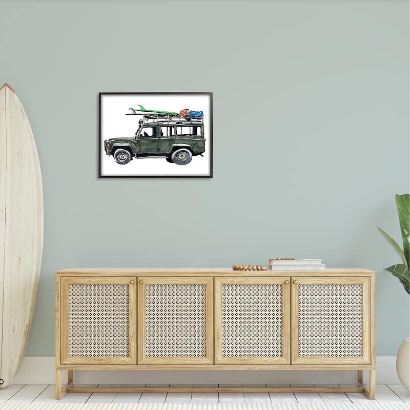 Stupell Tropical Vacation Beach Car Roof Rack Surfboards Framed Wall Art - Grey