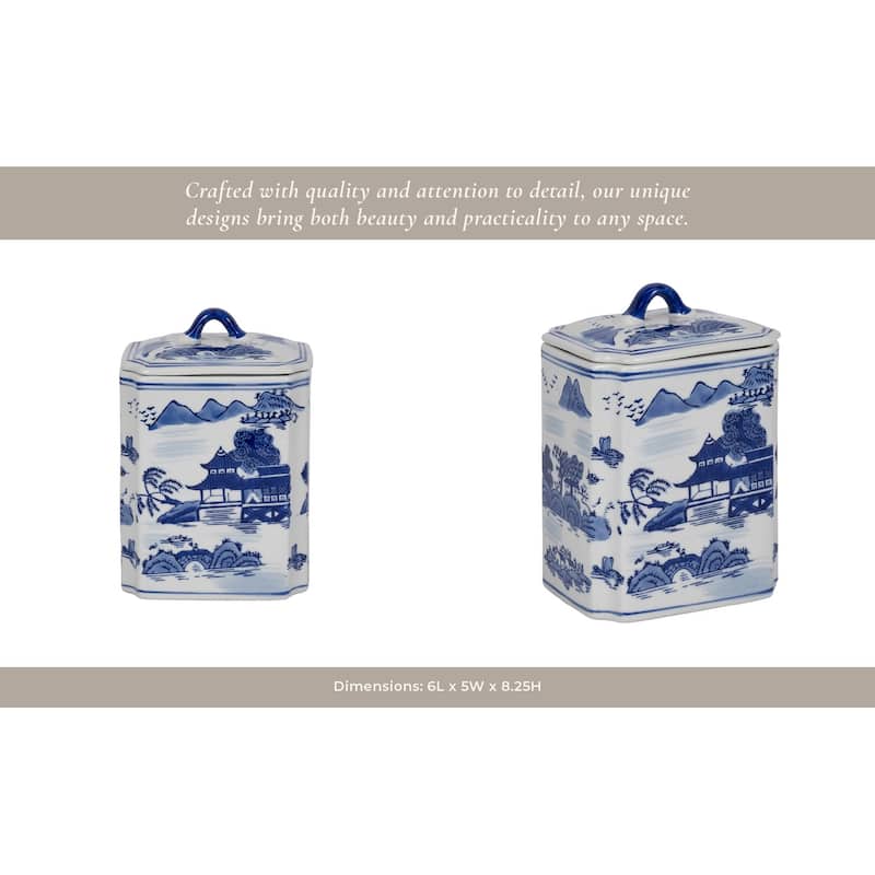 Sagebrook Home Stoneware Ceramic Chinoiserie Decorative Container with Lid