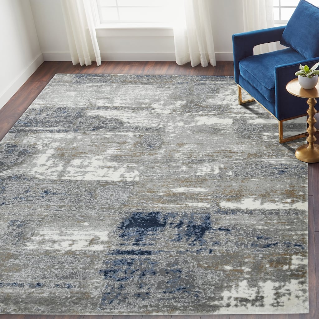 Sylvia Hannah Gray/Blue Polyester Blend Performance Area Rug