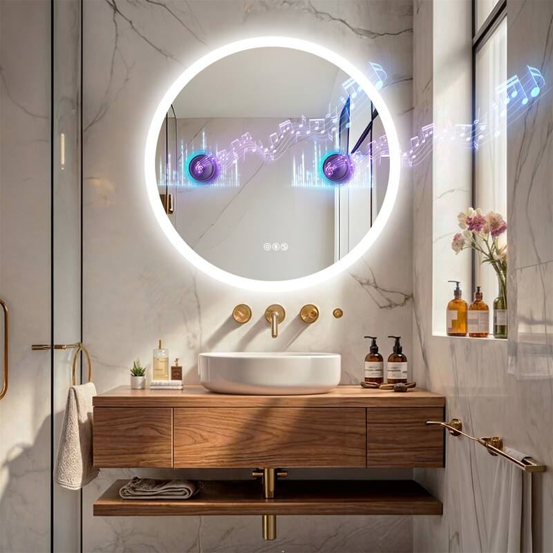 32" Round Wall Illuminated Bathroom Mirror with Lights Bluetooth Speaker Dimmable Defogging - 31.50” x 31.50”