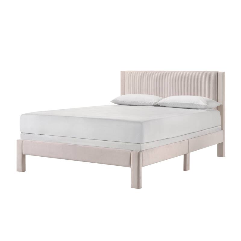 Queen Size Upholstered Platform Bed with Ribbed Headboard and Low-Profile Frame - Pink