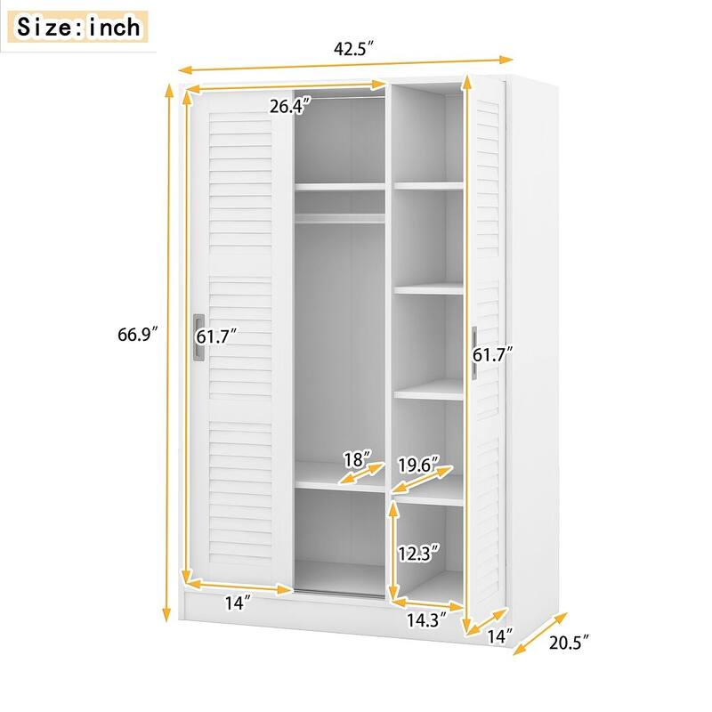 42.5"W Modern 3 door louvered closet with hanging rods and dividers