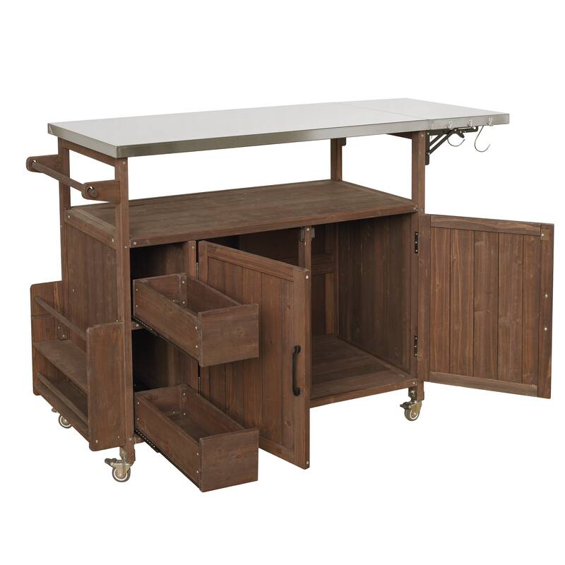 Christopher Knight Home - 54.33" Solid Wood Mobile Outdoor Kitchen Cart with Stainless Steel Top & Spice Rack & Lockable Wheels