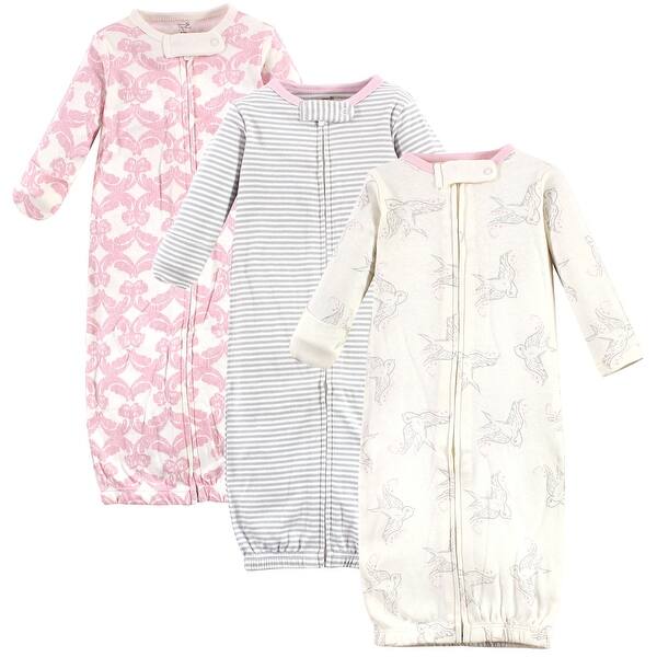 slide 1 of 1, Touched by Nature Baby Girl Organic Cotton Zipper Long-Sleeve Gowns 3pk, Bird 0-6 Months - Bird