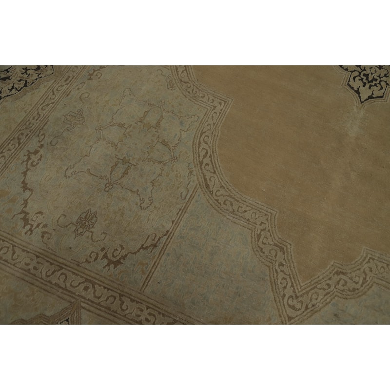 Hand Knotted Oriental 100% Wool Carpet Traditional Medallion Beige & Ivories Kerman Area Rug - 13' 8'' X 9' 9''