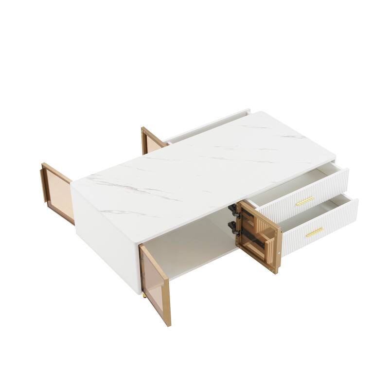 47.2" Modern Coffee Table with 2 Glass Door, 4 Drawers and Multi-Color Lighting