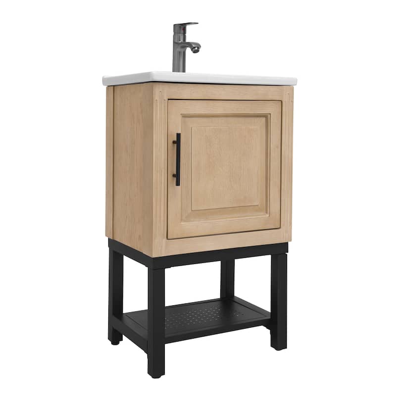 GDFStudio - CompactLine Modern Freestanding Bathroom Vanity with Ceramic Sink and Open Metal Shelf - 20 Inch