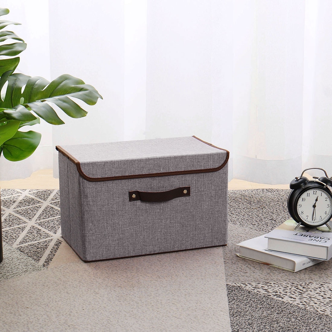 Foldable Fabric Storage Bin Box Cube Organizer With Lid Faux Leather Handles Overstock 28517484