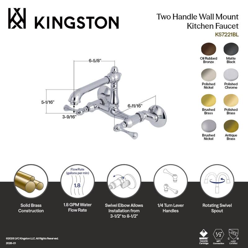 Kingston Brass English Country 6 in. Adjustable Center Wall Mount Kitchen Faucet