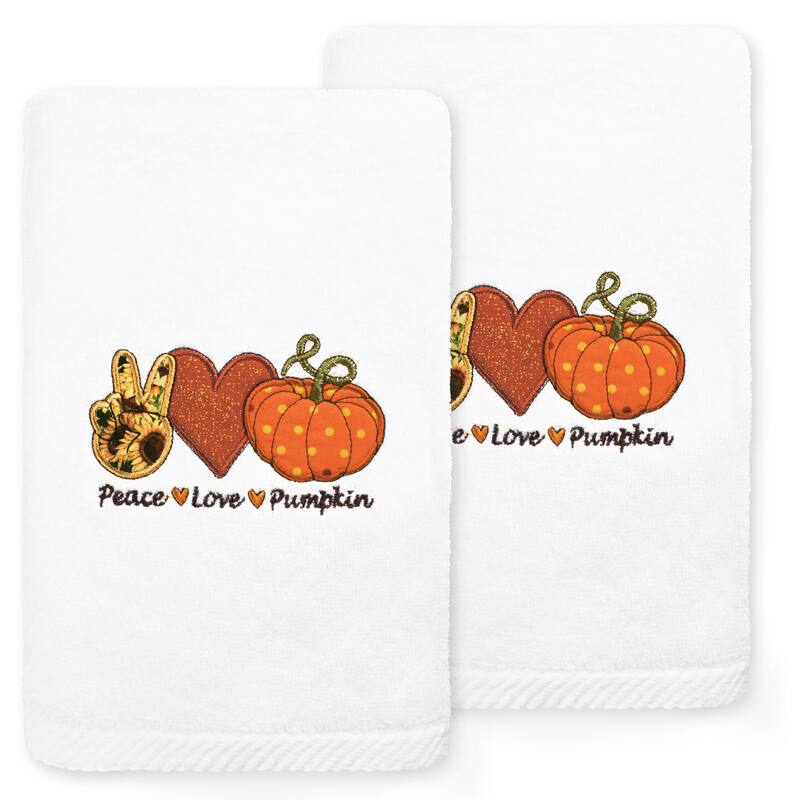 Authentic Hotel and Spa Peace*Love*Pumpkin - Embroidered Luxury 100% Turkish Cotton Hand Towels (Set of 2) - White