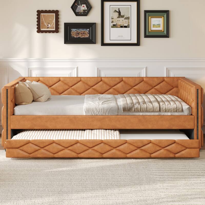 Full XL Upholstered Daybed with Trundle and LED Lighting, Brown