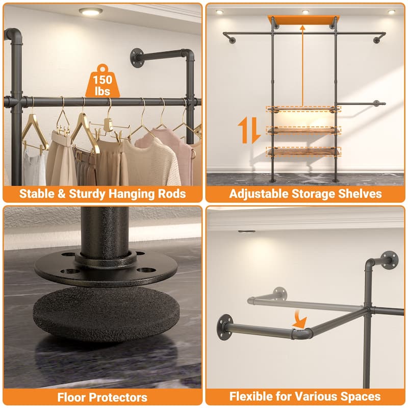 87"W Industrial Pipe Clothing Racks with LED Lights & Open Shelves,Reversible Walk-in Closet Oraganizer System Garment Racks