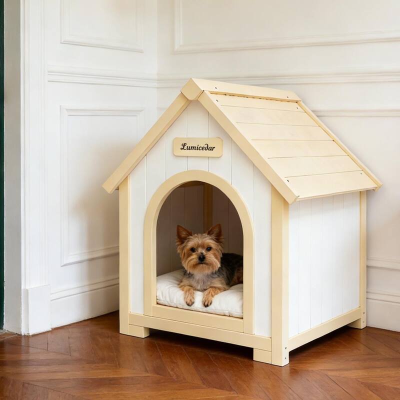 Modern Indoor Wooden Dog House with EVA Cushion, Solid Cedar Pet House for Small Dogs & Cats