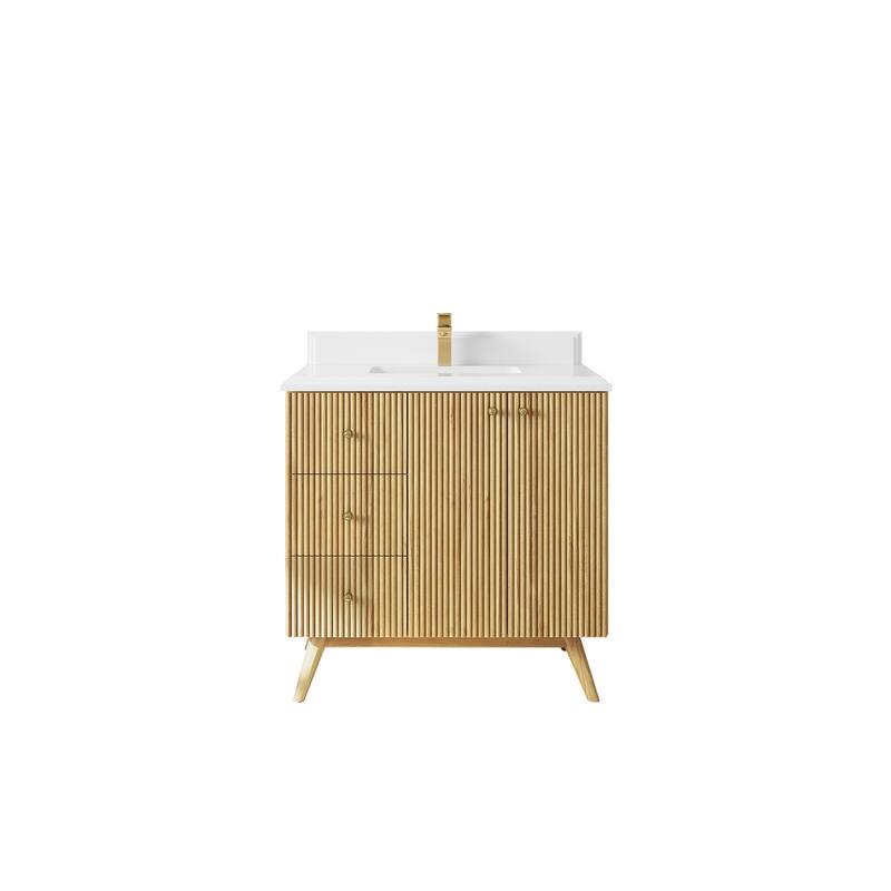 Willow Collections 36 in. W x 22 in. D Pasadena Solid Teak Center Sink Bathroom Vanity with Countertop - 1.5"White - Light Natural