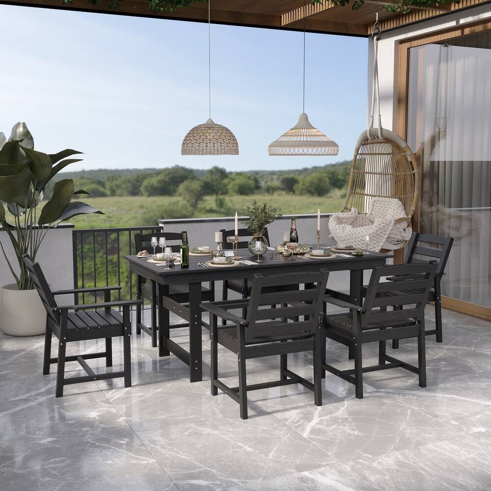 Outdoor Dining Table and Chair Set: HDPE Material, Wood - Grain Design