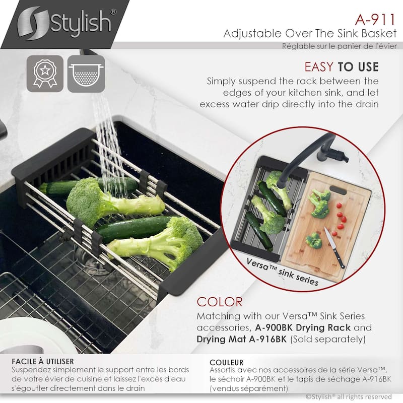 STYLISH Adjustable Over the Sink Stainless Steel Dish or Vegetable Drainer Basket