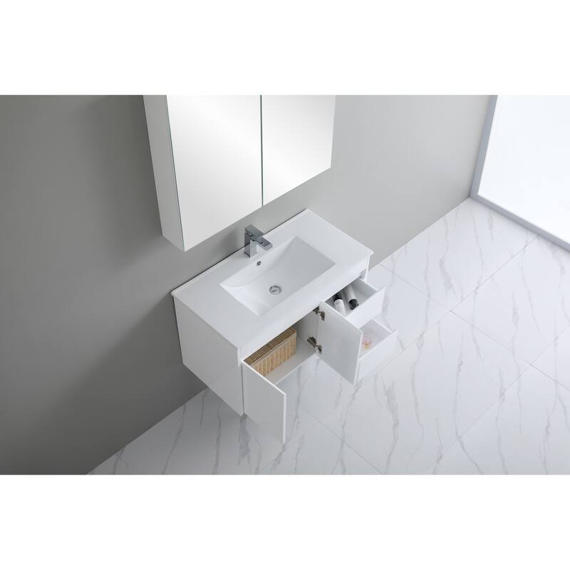 CB HOME 24"/30"/36"/48"/60" Pure White Bathroom Vanity, Floating Wall Mounted Cabinet w/ Integral Ceramic Sink Basin Countertop