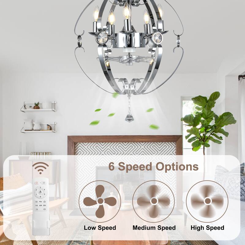 CurveCurio Elegant 20" Chrome Metal Frame Fanlight with Crystal Accents, 5 Lights, Quiet DC Motor for Modern Kitchens