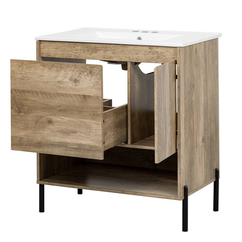 Farmhouse Bathroom Vanity Base & Ceramic Basin Set, 30" Single Bathroom Vanity Storage Cabinet with Open Storage Shelf - 30 Inch