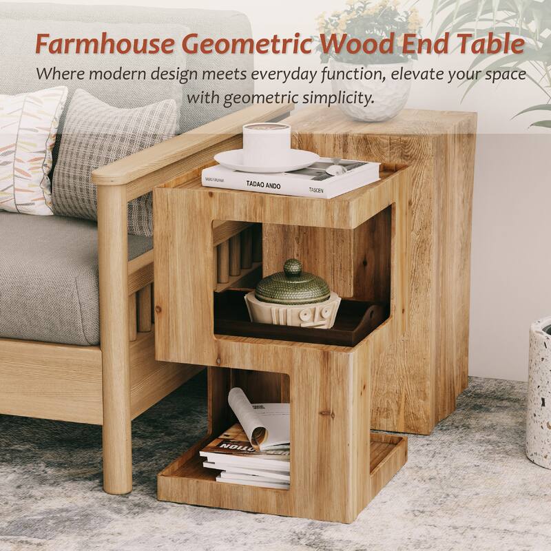 COZAYH Farmhouse Geometric Wood End Table, Distressed Accent Side Table with Two Storage Space, 3-Layer Cube Design