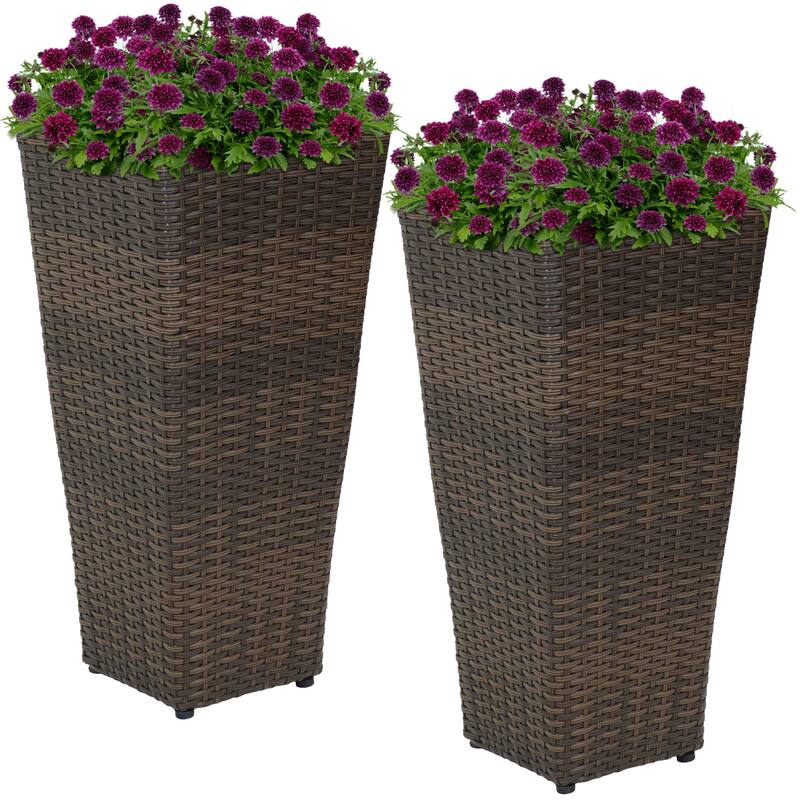 Sunnydaze Tall Square Brown Polyrattan Planter - 24-Inch - Set of 2 - 24-Inch Tall