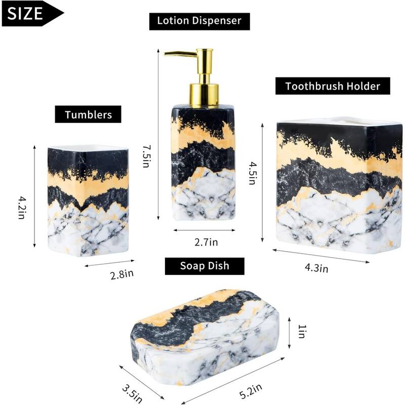 4-Piece Bathroom Accessories Set, Lotion Dispenser, Toothbrush Holder and Soap Dish, Glossy Finish (Black and White)