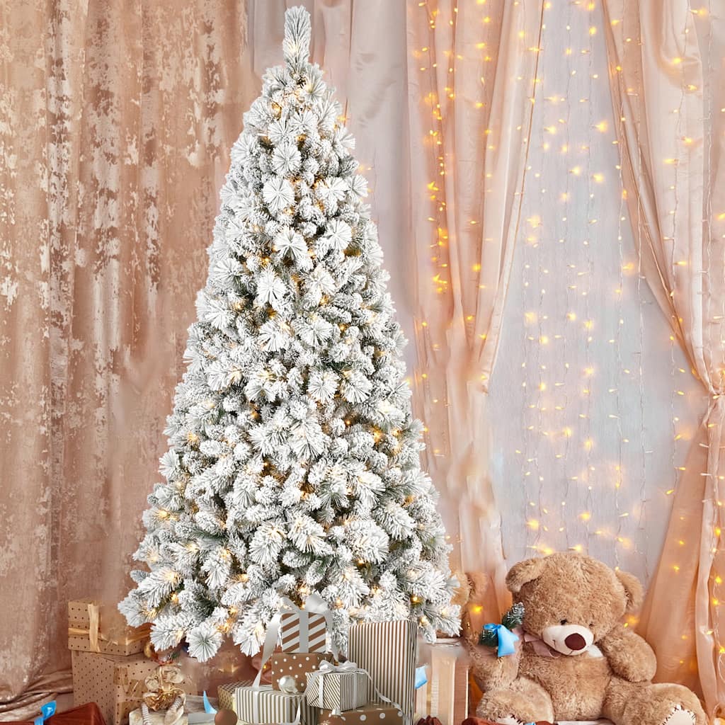 Pre-Lit Flocked Christmas Tree - Warm White LED Lights, Snowy Branches, Hinged Design, Metal Stand - Green,White
