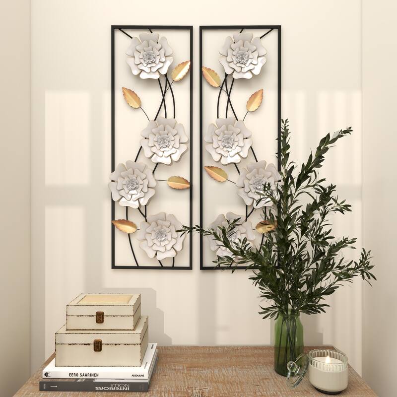 Metal Floral Dimensional Floating Home Wall Decor with Black and Gold Accents - Set of 2 White - Roche River Decor