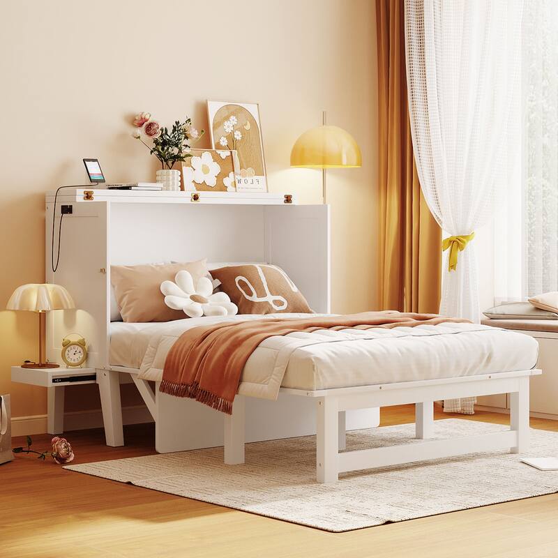 Murphy Bed Platform Bed with USB Port & Removable Shelves On Each Side