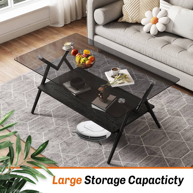 Rectangle Coffee Table with Tempered Glass Top and Shelf