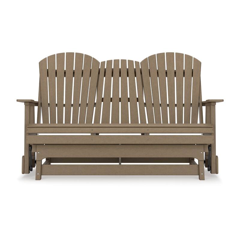 Sami 67 Inch Outdoor Adirondack Glider Loveseat, Dropdown Cupholders, Brown
