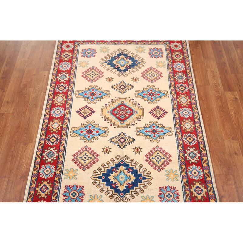 Kazak Oriental Accent Rug Handmade Beige Geometric Wool Carpet - 3'3" x 4'11"