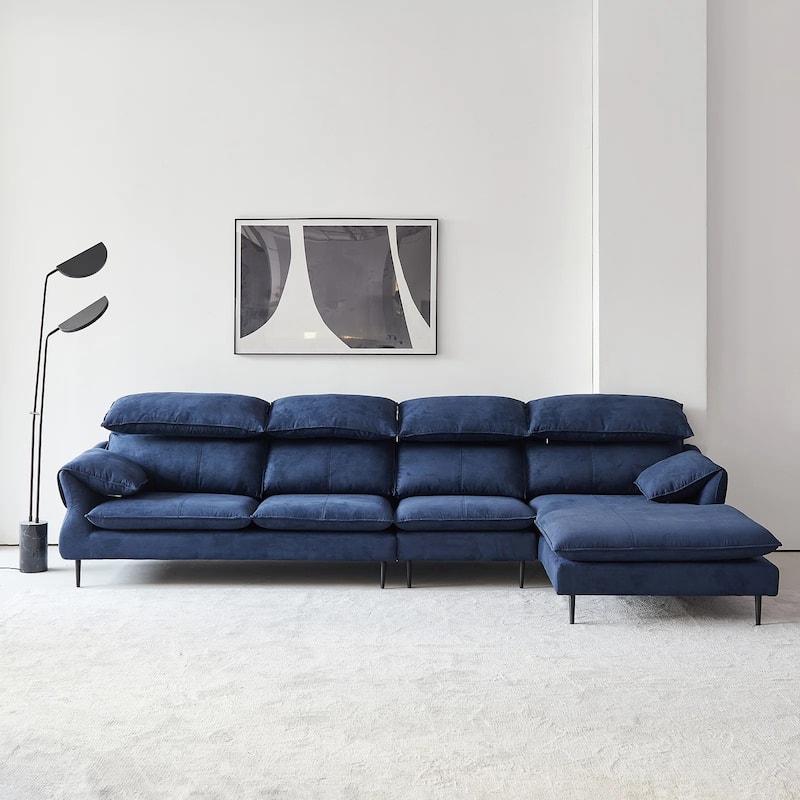 Large Modern Upholstered L-Shaped Down Filled Sofa with Metal Legs - Blue - Right Facing