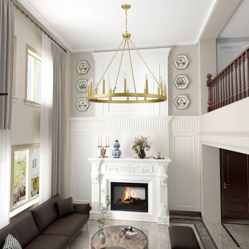 Mid-century Modern 12-light French Country Gold Candle Wagon Wheel Chandelier - 40'' D x 138'' H
