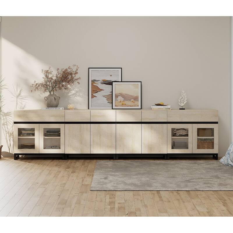 Modern 4 in 1 Dresser with Glass Doors & 2 Drawers, Adjustable Shelf & Metal Base for Bedroom - Beige - 2-drawer