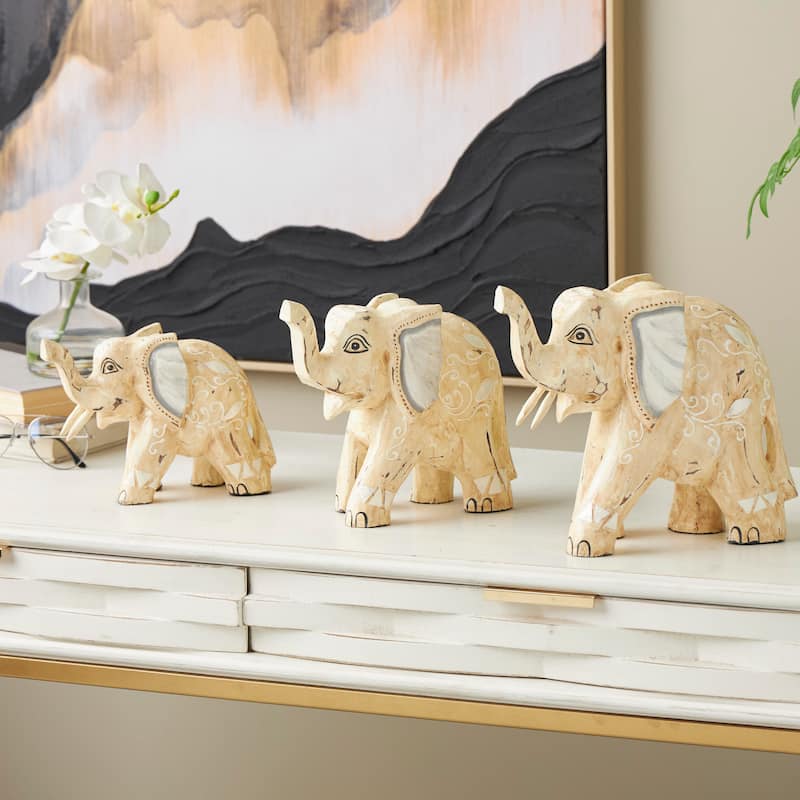 Wood Elephant Handmade Sculpture with Scroll and Floral Patterns - Set of 3 Light Brown - Roche River Decor - 11"W x 4"L x 9"H