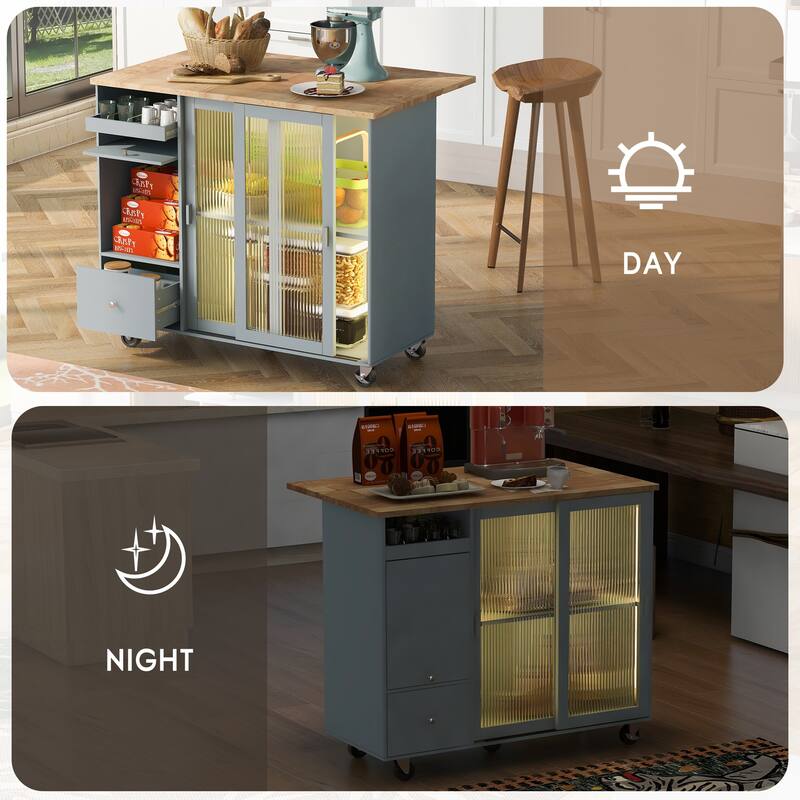 LED Light Kitchen Cart on Wheels with 2 Fluted Glass Doors