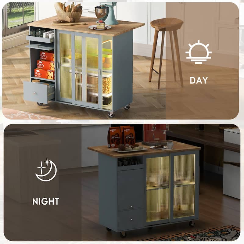 Sliding Glass Door Kitchen Island with Drop Leaf and LED, Grey Blue