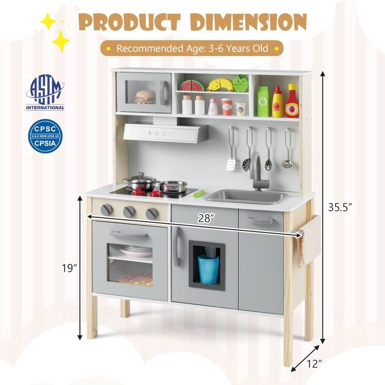 Wooden Pretend Play Kitchen Set for Toddlers - 28"L x 12"W x 35.5"H