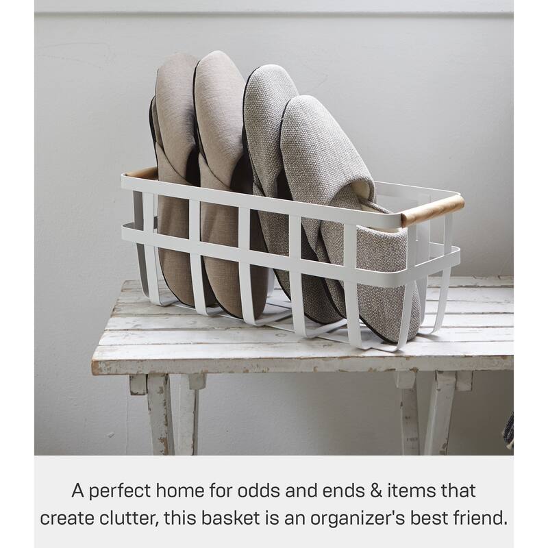 Yamazaki Home Storage Basket - Two Sizes, Steel and Wood - L 5.71 x W 15.75 x H 6.1 inches