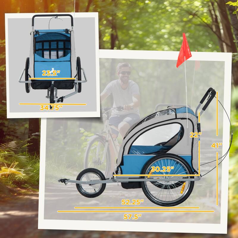 2-Seat Baby Bike Trailer for Kids with Safety Harness, Removable Canopy, Ample Storage