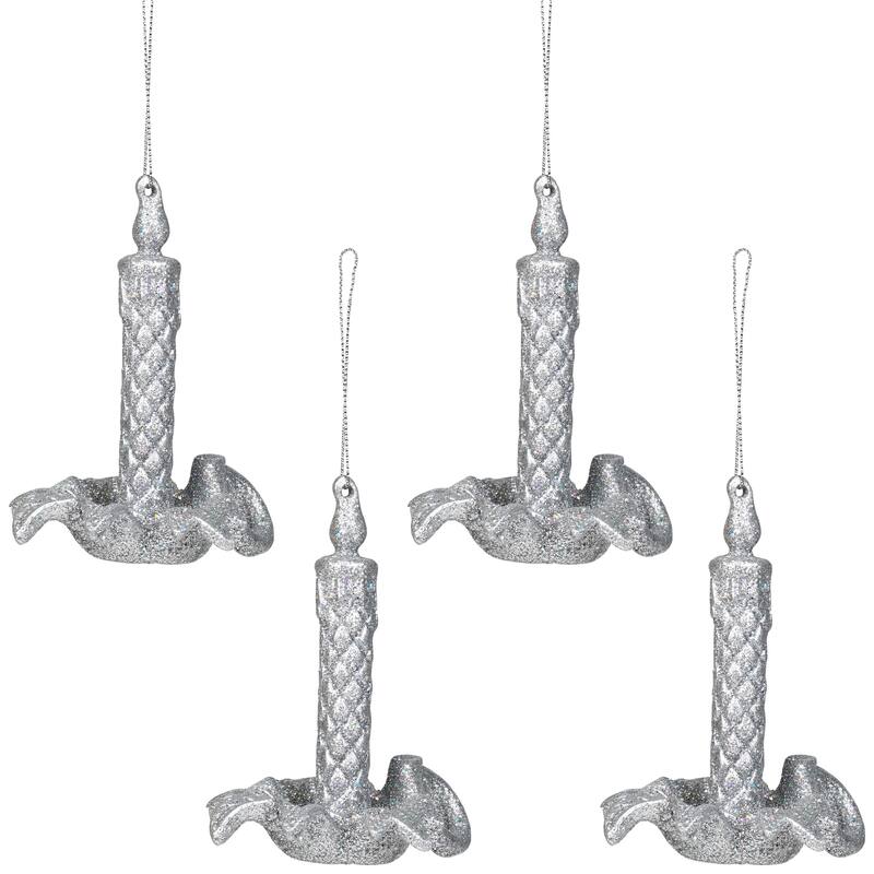 Glitter Drenched Candlestick Christmas Ornaments - 4" - Silver - Set of 4
