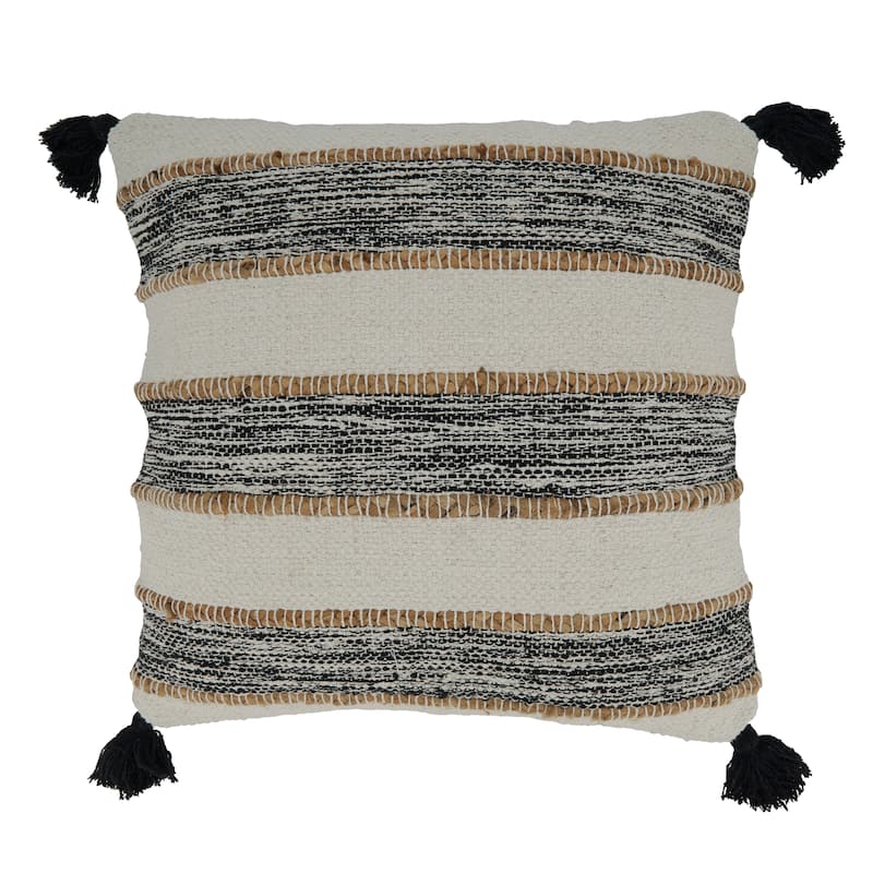 Striped Pillow With Tassel Corners Design - 20" x 20" - Cover Only - Black/White