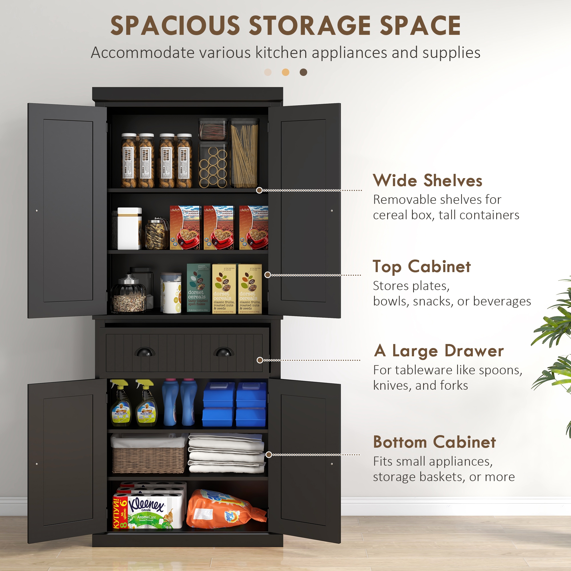 72 Kitchen Pantry Tall Storage Cabinet Freestanding Cupboard with Drawer Doors and Adjustable Shelves White