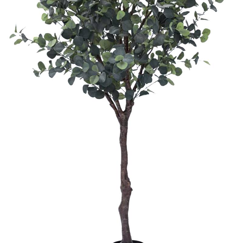 7ft Frosted Green Artificial Silver Dollar Eucalyptus Tree Plant in Black Pot - 84" H x 40" W x 40" DP